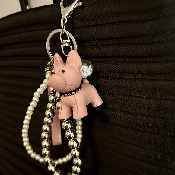 Pink Frenchy Dog Keychain with Pearl and Silver Beads - Picture 4 of 7
